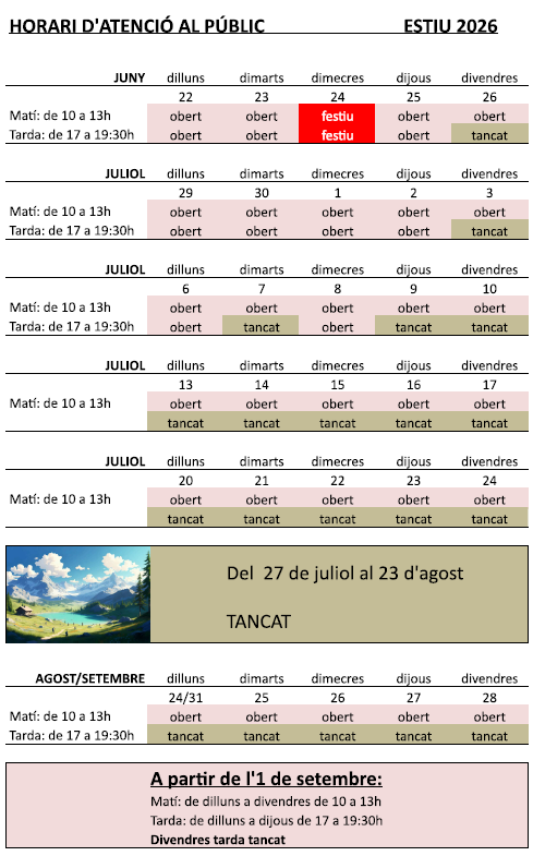 Calendari d'atenci&oacute; Estiu 2026