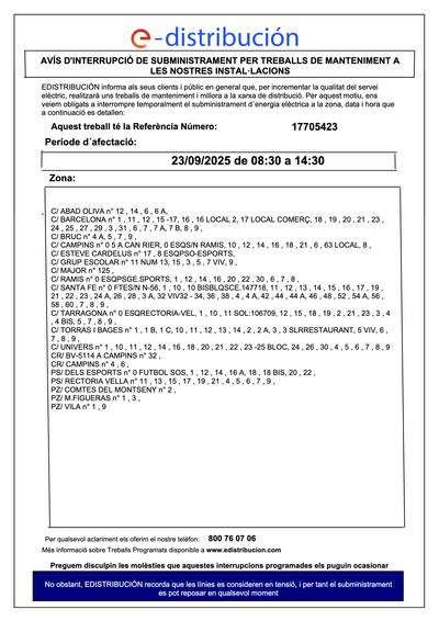 Talls subministrament elèctric