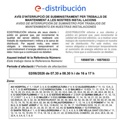 Talls subministrament el&egrave;ctric