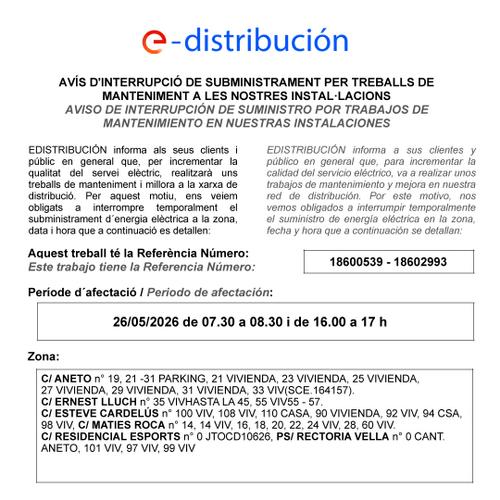 Talls subministrament el&egrave;ctric